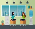 businesswomen sitting in the chairs with file cabinet and books