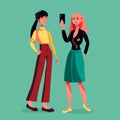 businesswomen with smartphone standing together business women couple female cartoon characters posing on camera Royalty Free Stock Photo