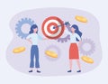 Businesswomen and target with arrow and coins with gears