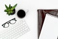 Businrss or study layout. computer keyboard, glasses, coffee and laptop case. copy space flatlay. Royalty Free Stock Photo