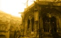 Travel Portugal, Bussaco Palace, Gothic Gargoyles, Tracery Arched Enclosed Balcony, Foggy Day Royalty Free Stock Photo