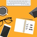 bussines banner. phone, notepad, coffee, glasses and notebook. plan, idea and action. vector design EPS10