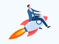 Bussines Rocket Roncept Flat Design, businessman flying on a rocket on blue sky Royalty Free Stock Photo