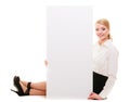 Bussines woman with blank presentation board banner sign.