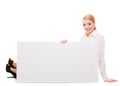 Bussines woman with blank presentation board banner sign. Royalty Free Stock Photo