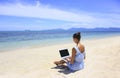 Bussines woman working on the beach with a laptop Royalty Free Stock Photo