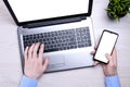 Bussines wooden office desk workplace with blank cellphone, various supplies. School, education, technology and advertisement Royalty Free Stock Photo