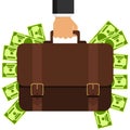 Bussiness, hand holding briefcase. A hand is holding a briefcase full of money. Vector illustration of a briefcase with money