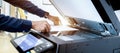 Bussiness man Hand press button on panel of printer, printer scanner laser office copy machine supplies start concept Royalty Free Stock Photo