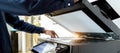 Bussiness man Hand press button on panel of printer, printer scanner laser office copy machine supplies start concept Royalty Free Stock Photo
