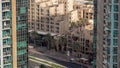 Bussy traffic on the road in Dubai downtown aerial timelapse, UAE