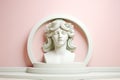 Bust of ancient Roman marble goddess on white gypsum stage podium on pink background