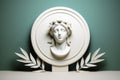 Bust of ancient Roman marble goddess on white medallion stage with laurel branches on green background
