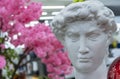 Bust of David by Michelangelo against a background of cherry blossoms