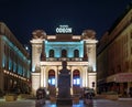 The Bust of Mustafa Kemal AtatÃÂ¼rk in front of the Odeon Theatre. Cultural bulding at night in the center of Bucharest