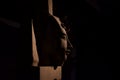 Bust of pharaoh Echnaton ÃÅ½Akhenaton aka Amenhotep IV with black background in the touring Tutankhamun exhibition. Profile view.