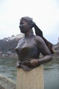 Bust of the poet and landlady Emerenz Meier on the quay of the Danube river in Passau, Germany.