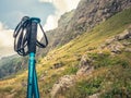 Busteni/Romania - 08.22.2020: Quechua trekking poles with the Bucegi mountains in the background. Landscape scenery from