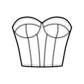 Bustier Corsetry lingerie technical fashion illustration with molded cup, bones, hook-and-eye closure, slim fit. Flat