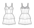 Bustier dress technical fashion illustration with shoulder straps, fitted body, 2 row mini length ruffle tiered skirt.