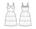 Bustier dress technical fashion illustration with sleeveless, cups, fitted body, 3 row knee length ruffle tiered skirt.