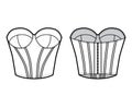 Bustier longline corsetry bra lingerie technical fashion illustration with molded cup, bones, hook-and-eye closure. Flat