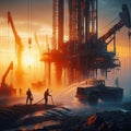 Bustling activity of a construction site at sunrise or sunset, with workers, cranes, and machinery silhouetted against Royalty Free Stock Photo