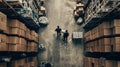 the bustling activity within a warehouse as workers navigate among towering shelves filled with cardboard boxes, seen Royalty Free Stock Photo