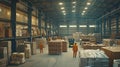 the bustling activity within a warehouse as workers navigate among towering shelves filled with cardboard boxes, seen Royalty Free Stock Photo