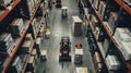 the bustling activity within a warehouse as workers navigate among towering shelves filled with cardboard boxes, seen Royalty Free Stock Photo