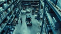 the bustling activity within a warehouse as workers navigate among towering shelves filled with cardboard boxes, seen Royalty Free Stock Photo