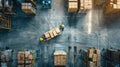 the bustling activity within a warehouse as workers navigate among towering shelves filled with cardboard boxes, seen Royalty Free Stock Photo