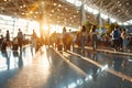 Bustling airport bokeh with enchanting travel imagery, evoking adventure in tourism backdrop.