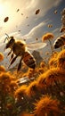 Bustling airspace bees and bugs converge, adding life to the beehives surroundings