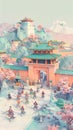 A bustling ancient market scene with samurais resolving a kerfuffle, showing a slice of life from different parts of the world