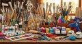 A bustling artist s workspace featuring an array of art supplies Royalty Free Stock Photo