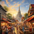 Bustling Bangkok street filled with vibrant market stalls, street food vendors, and mesmerizing temples
