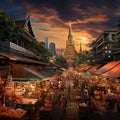 Bustling Bangkok street filled with vibrant market stalls, street food vendors, and mesmerizing temples