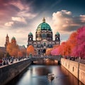 Bustling Berlin Street Scene with Diverse Group of People Engaging in Budget-friendly Activities