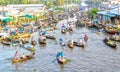 Bustling boat trips reverse sweep on morning floating market Royalty Free Stock Photo