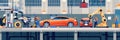 A bustling car assembly line showcasing workers and robots collaborating to manufacture automobiles. Generative AI