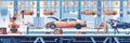 A bustling car assembly line with workers and robots collaborating to build vehicles. Generative AI