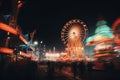 Bustling carnival night blurred bokeh lights illuminate colorful rides, games, and food stalls Royalty Free Stock Photo