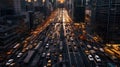 the bustling chaos of a rush-hour traffic jam, where countless cars navigate congested roads, the hectic energy of urban