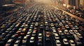 the bustling chaos of a rush-hour traffic jam, where countless cars navigate congested roads, the hectic energy of urban