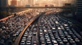 the bustling chaos of a rush-hour traffic jam, where countless cars navigate congested roads, the hectic energy of urban