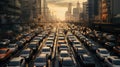 the bustling chaos of a rush-hour traffic jam, where countless cars navigate congested roads, the hectic energy of urban