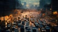 the bustling chaos of a rush-hour traffic jam, where countless cars navigate congested roads, the hectic energy of urban