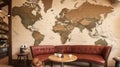 A bustling city cafe, where amidst the aroma of freshly brewed coffee, the walls reveal beautiful and unique maps