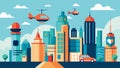 A bustling city center with air taxis gracefully weaving through the air guided by advanced GPS systems and automated
